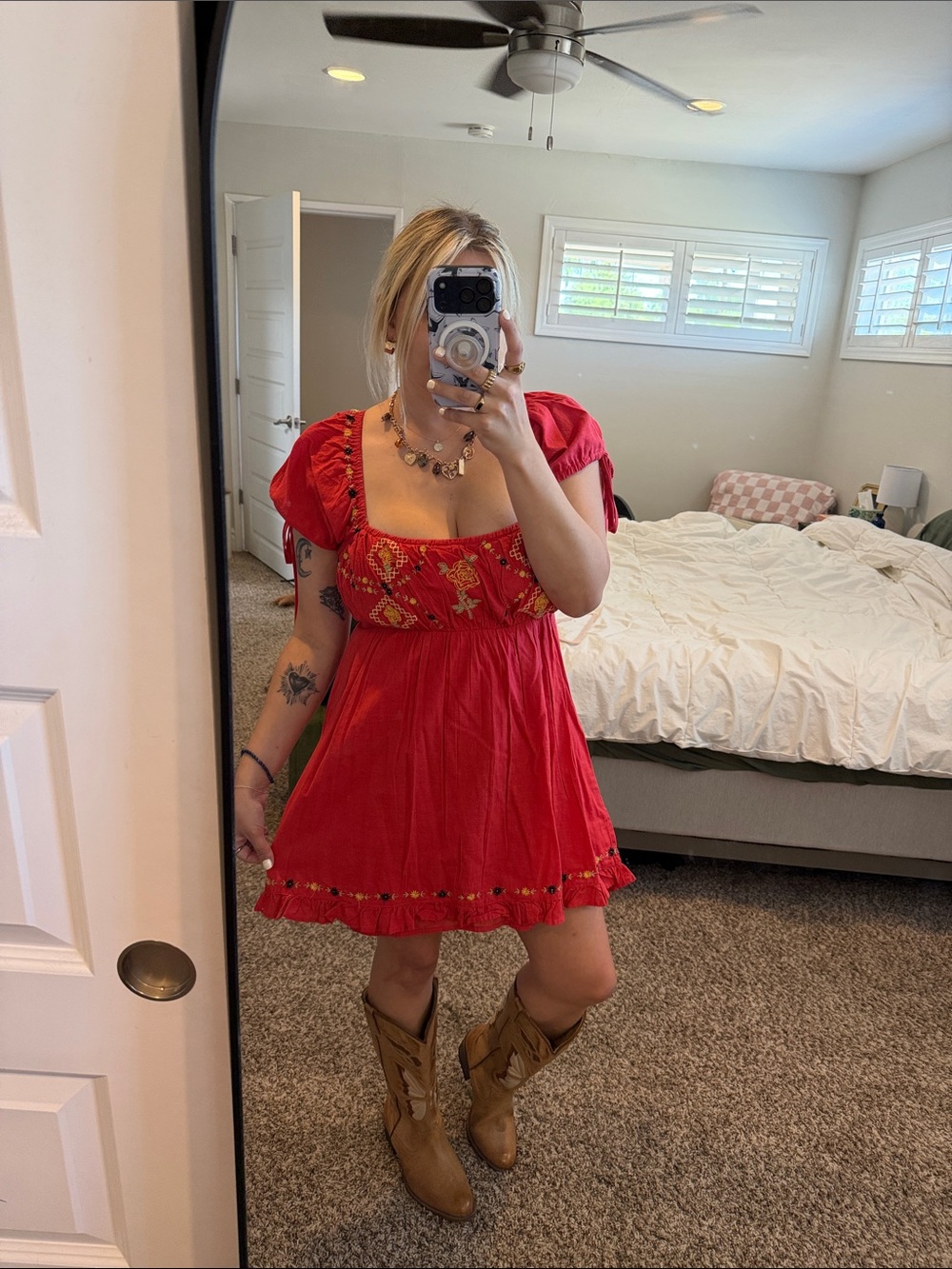 Urban Outfitters Red Embroidered Peasant Mini Dress